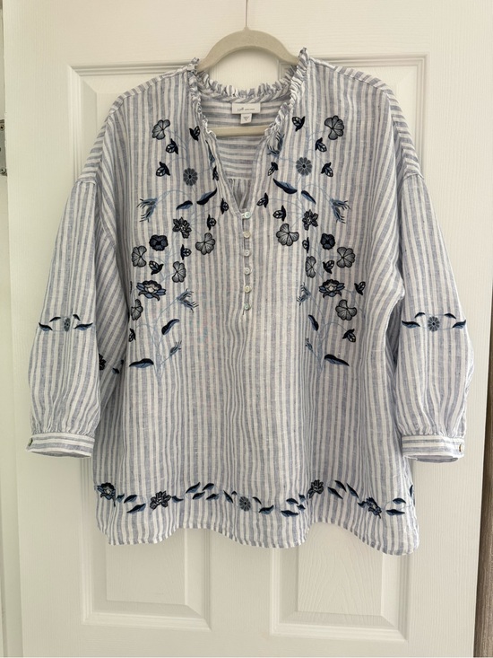 J. Jill Tops - J.Jill Love Linen Blue&White Striped Embroidered Linen Blend Blouse XL